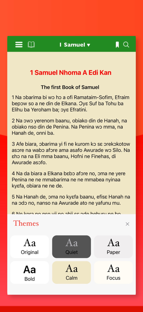 Twi Bible - Akuapem & Audio - Twi Bible Akuapem app interface showing biblical text in the Akuapem dialect and various reading theme customization options at the bottom.