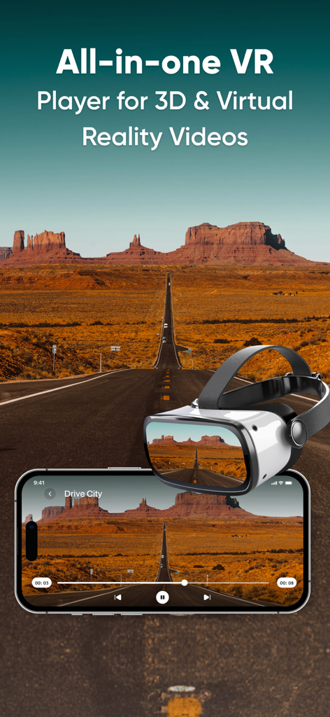 Smartphone y casco VR mostrando un tour de realidad virtual de un paisaje desértico.