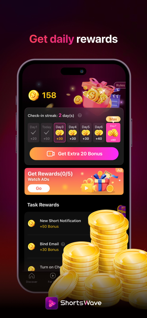 Daily rewards screen in ShortsWave app showing coin bonuses and check-in streak