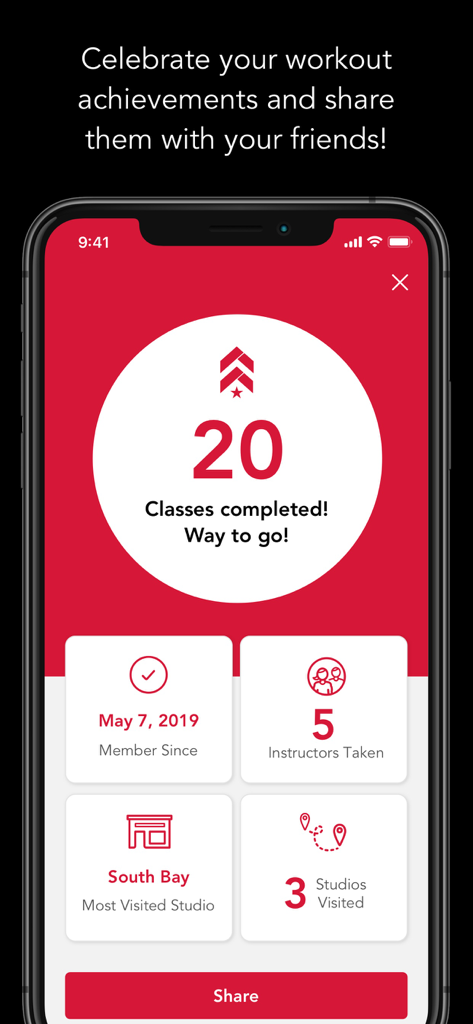 Barry’s - Ecrã de conquistas da aplicação Barry’s mostrando vinte aulas concluídas e estatísticas de fitness