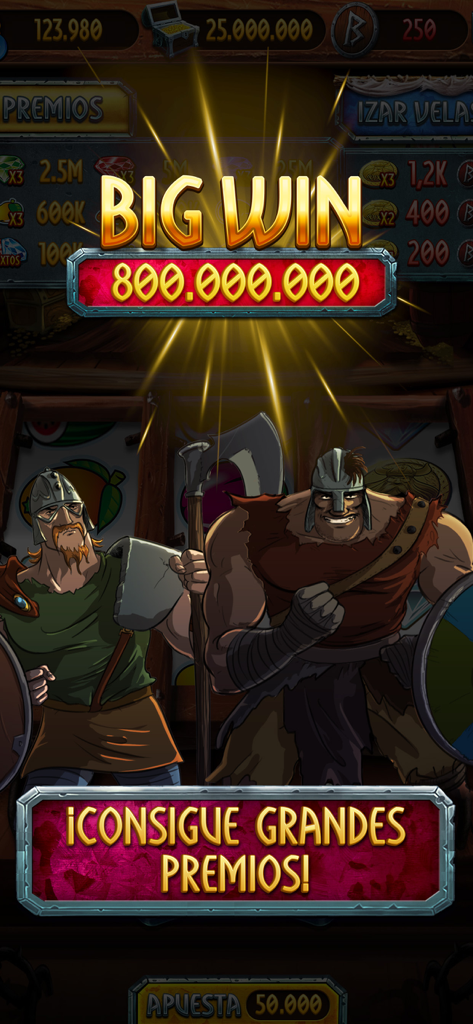 Vikingos slot machine big win screen showing a large jackpot and two viking characters