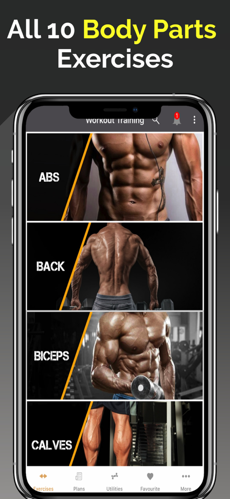 Gym workout app interface showing exercises categorized by body parts like abs back and biceps