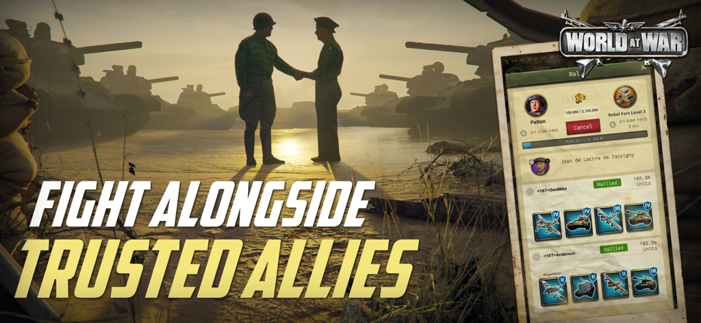 World at War WW2 Strategy MMO - World at War WW2 strategy game screen showing two soldiers shaking hands and an alliance rally menu with historical generals.