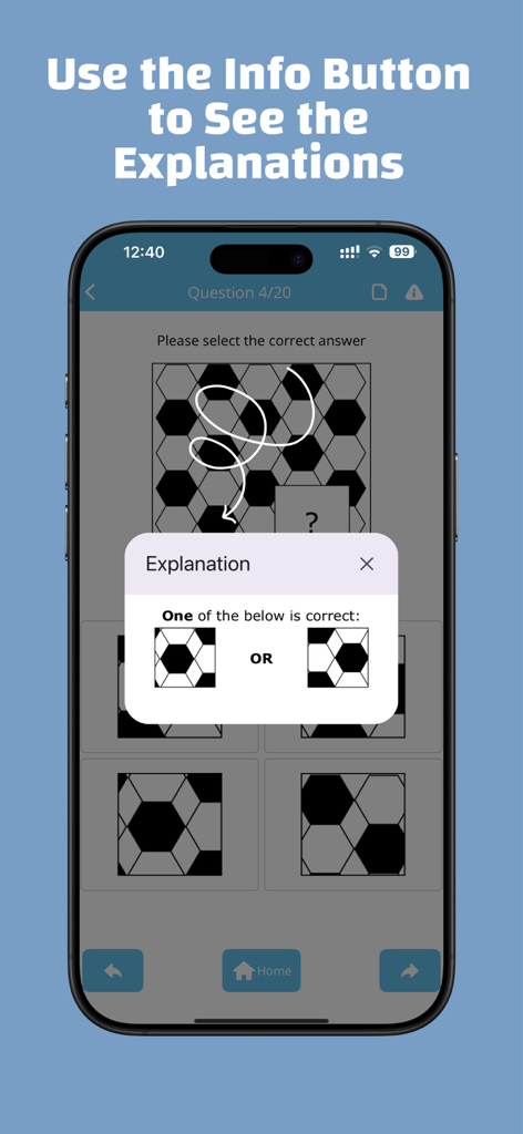 IQ Test app interface showing a logical reasoning pattern question with a pop-up explanation window.