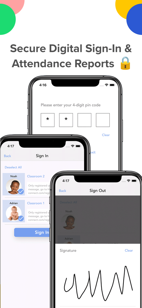 La aplicación móvil Daily Connect muestra pantallas seguras de registro de asistencia e informes.
