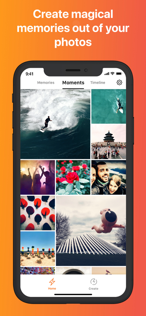Giftr - GIF Maker - Giftr app interface showing the Moments tab with a grid of curated photos on an iPhone
