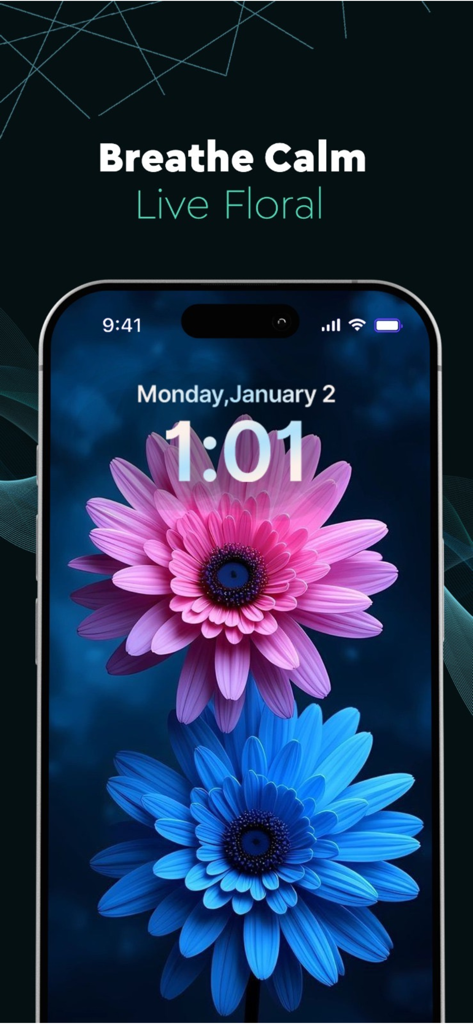 Pantalla de bloqueo de iPhone que muestra un vibrante fondo de pantalla 4K animado floral en rosa y azul.