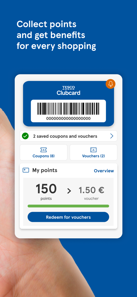 Clubcard Tesco Slovensko - Clubcard Tesco Slovensko mobile app interface displaying a digital loyalty card and rewards points balance
