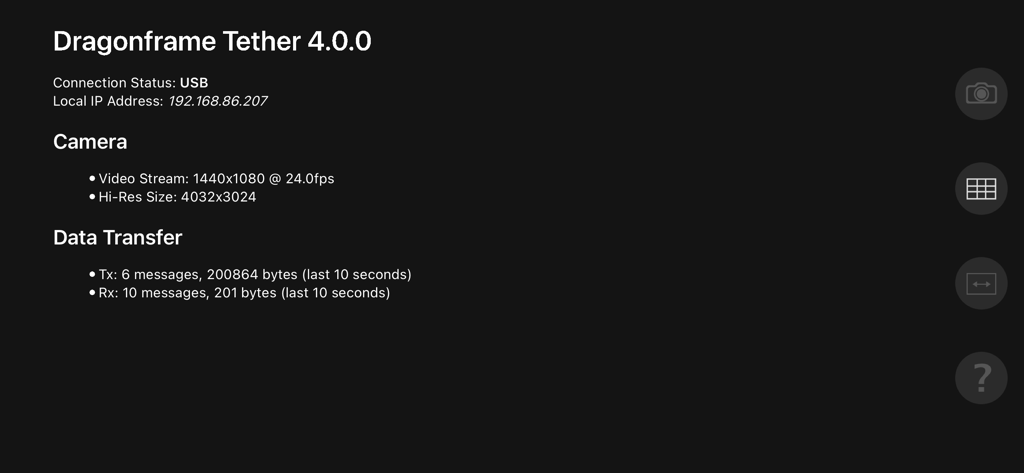 Interfaz técnica de Dragonframe Tether que muestra el estado de la conexión USB y la configuración de resolución de la cámara para animación stop motion