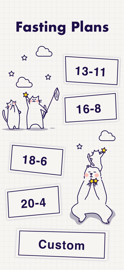 Intermittent Fasting Tracker ⁺ - Un menu de plans de jeûne comme 16-8 et 20-4 avec des illustrations mignonnes de chats et d'ours dessinés à la main.