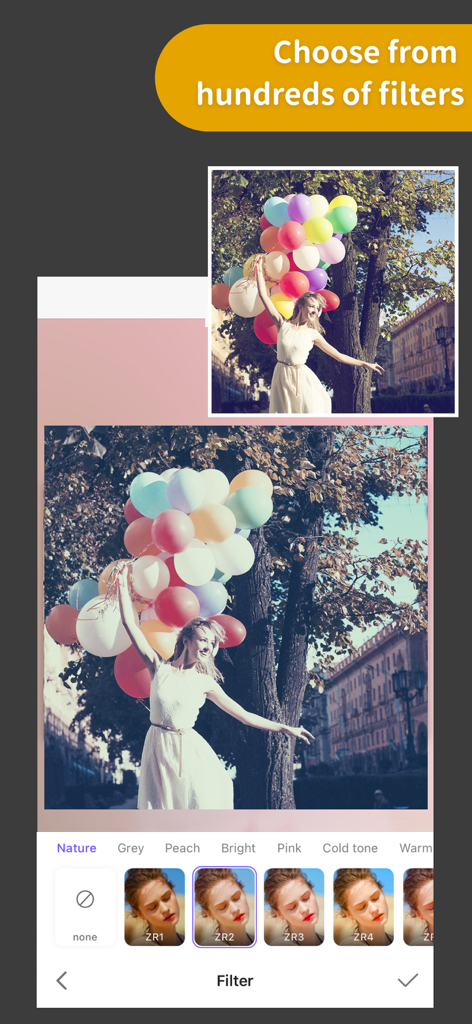 A woman holding colorful balloons with a selection of artistic photo filters displayed at the bottom of the screen.