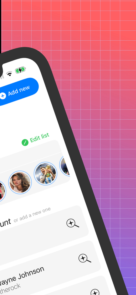 Story Studio for Instagram IG - The Story Studio app interface showing account profiles and a search bar for Instagram stories