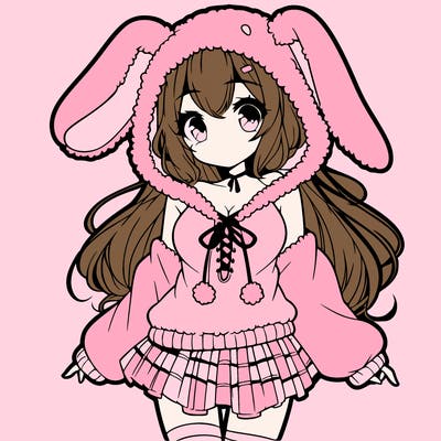 pretty anime girl wearing a fluffy hoodie with bunny ears on the hood and a skirt