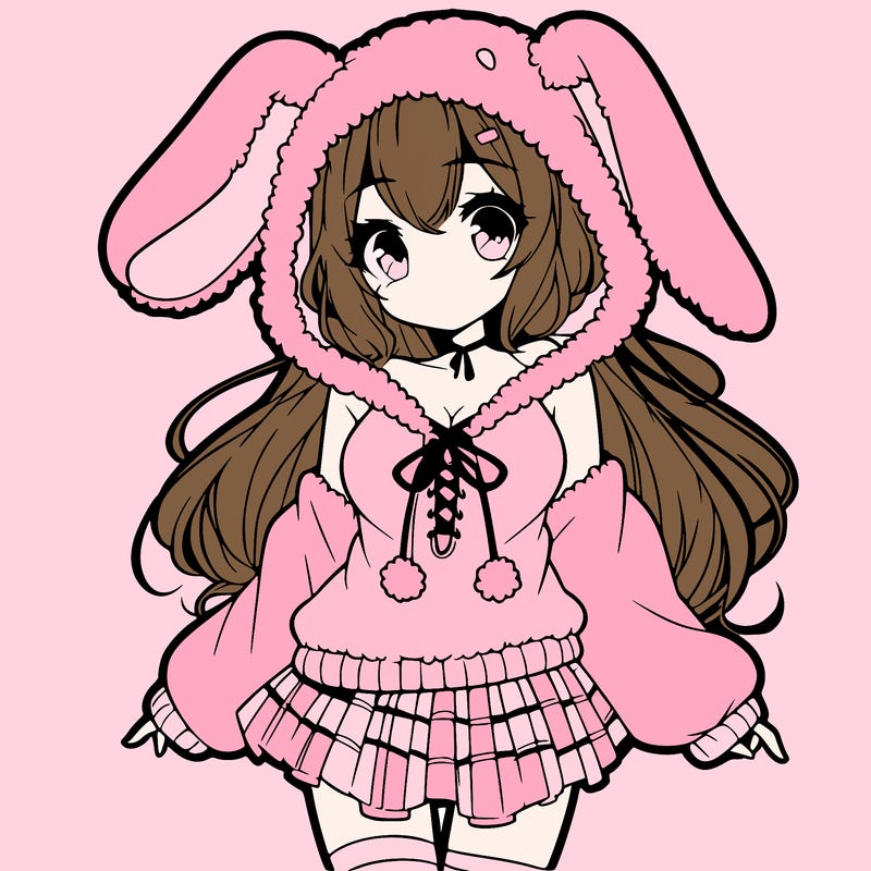 pretty anime girl wearing a fluffy hoodie with bunny ears on the hood and a skirt