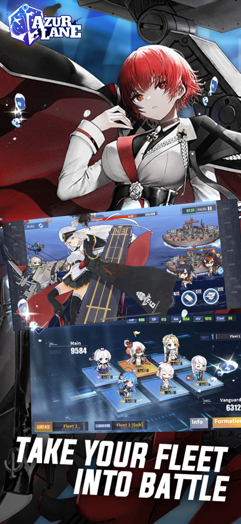 Azur Lane - Interface du jeu mobile Azur Lane montrant des filles de navires anime en combat naval et l'écran de formation de la flotte
