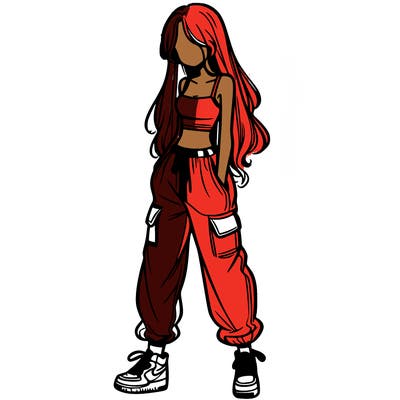girl in baggy pants crop top and long hair