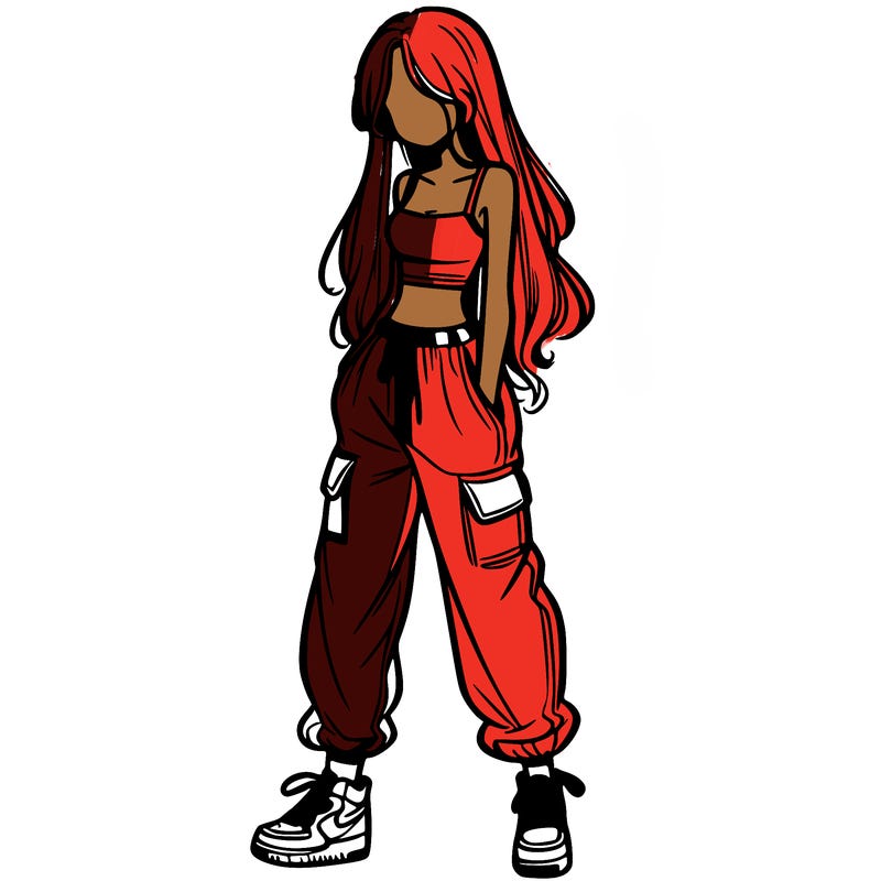 girl in baggy pants crop top and long hair