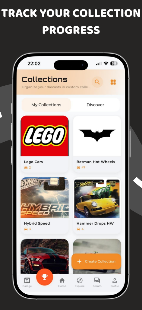 A screenshot of the Diecast Hub app showing the collections screen with various categories like Lego Cars and Batman Hot Wheels.