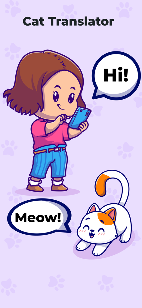 Ilustración de dibujos animados de una niña y un gato usando la aplicación Traductor de Gatos para comunicarse