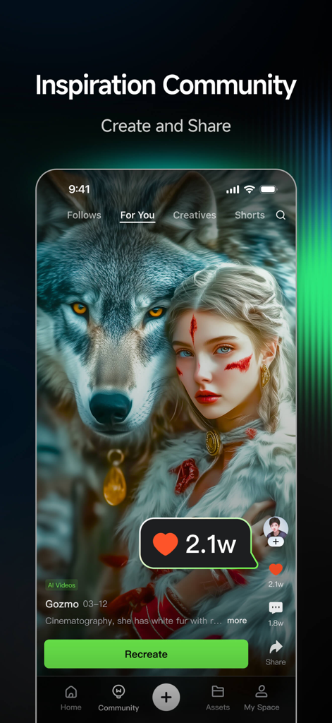 Kling AI: AI Image&Video Maker - Kling AI mobile app interface showing the Inspiration Community feed with a cinematic AI generated image of a woman and a wolf.