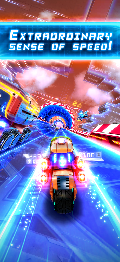 Futuristic motorcycle racing at high speed on a neon highway