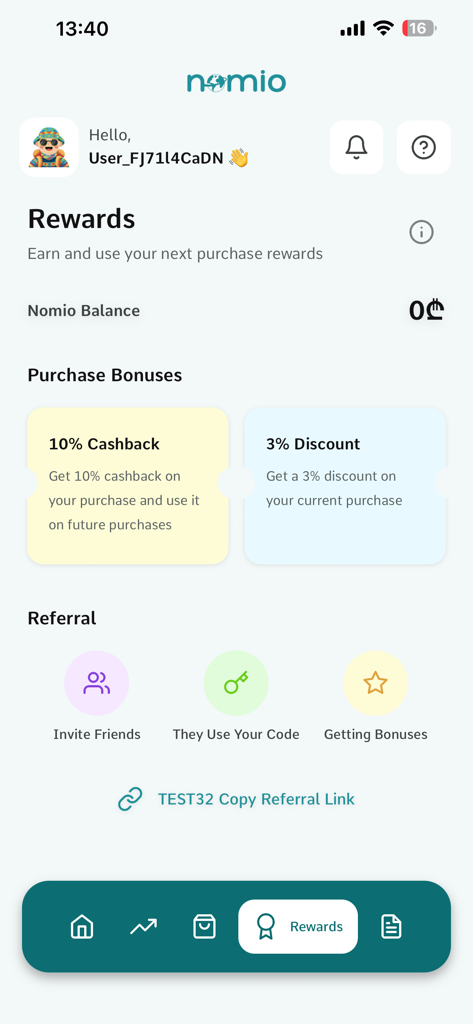 Nomio: eSIM Travel & Internet - Nomio app rewards screen showing cashback offers and referral program.