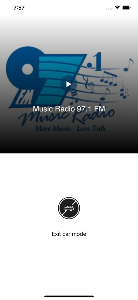 Interface do modo carro para o aplicativo Music Radio 97.1 FM com um botão para sair do modo carro