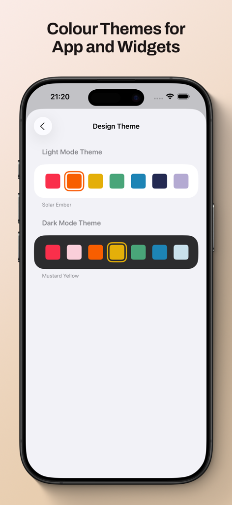 Gammel app screen showing light and dark mode color theme options for widgets and interface customization.