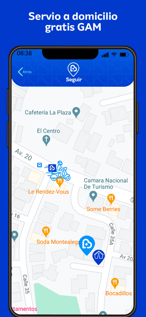 Interface of Farmacia La Bomba app showing real-time delivery tracking on a map with a motorcycle icon in Costa Rica.