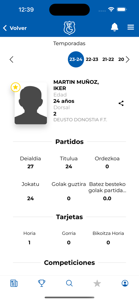 FGF GFF - Página detallada de perfil y estadísticas de jugador de fútbol dentro de la aplicación móvil FGF GFF.