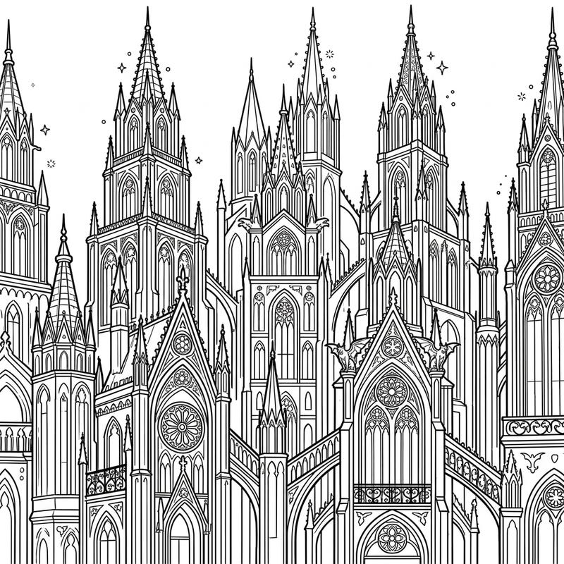 Immerse yourself in a darkly enchanting urban landscape, where ultra-tall buildings rise with the dramatic flair of Gothic architecture. This sophisticated coloring page offers a captivating challenge for art enthusiasts.