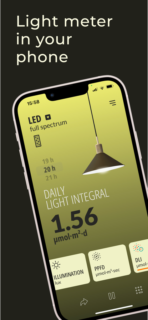 Light Meter: Lux-525 Pro - iPhone screen showing the Lux-525 Pro app measuring Daily Light Integral for LED lights