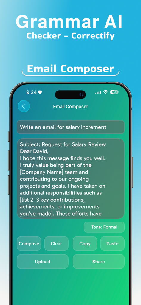 Grammar AI Checker-Correctify - Aplicación Grammar AI Correctify mostrando la función de redactor de correos electrónicos con un borrador de solicitud de aumento salarial