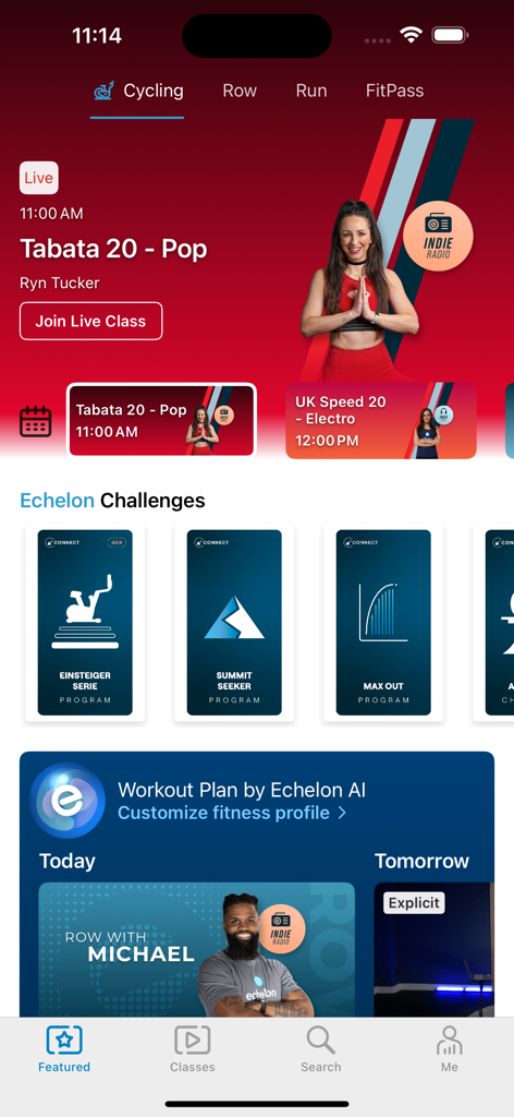 Home screen of the Echelon Fit app showing a live cycling class and various fitness challenges