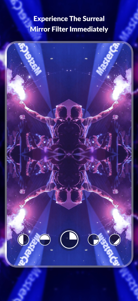 MirrorCam: Symmetry Maker - A surreal mirrored image of a person holding flares at a concert using a symmetrical filter