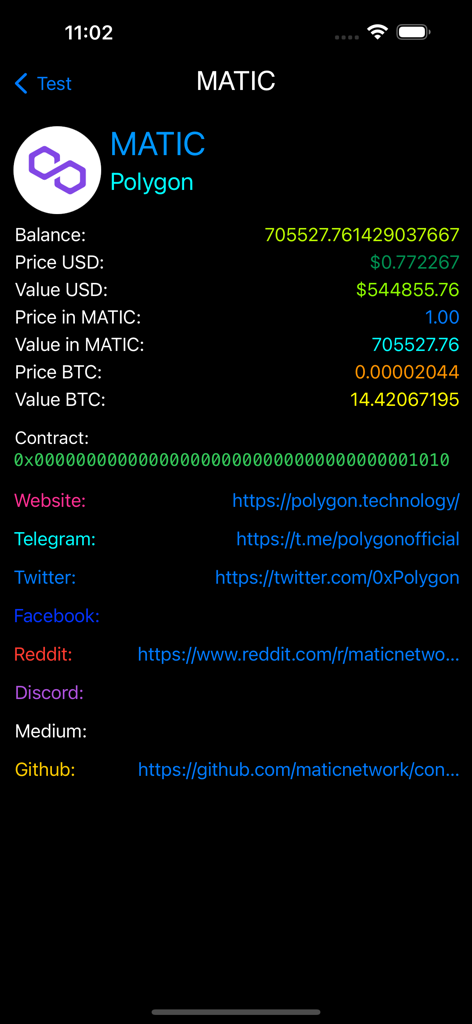 Interface of the Matic Address Explorer app showing detailed balance and market price for the Polygon MATIC token