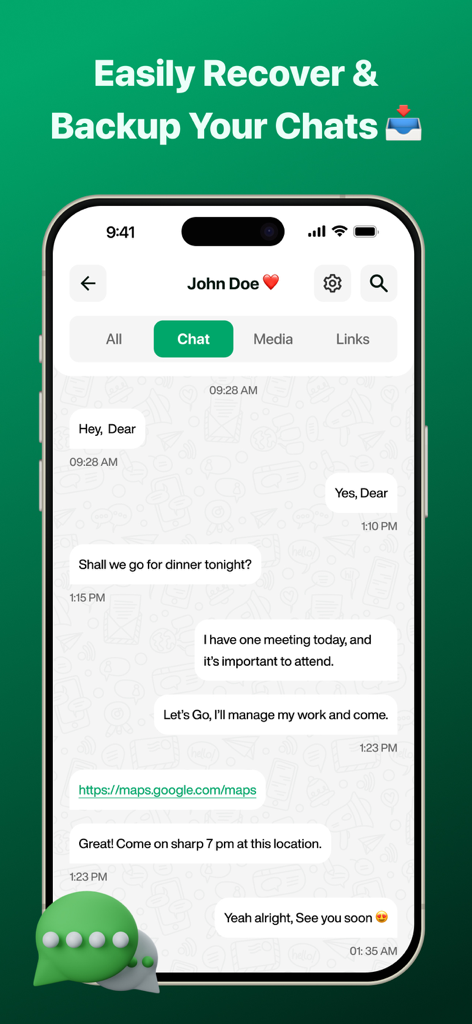 WAM - Recover Deleted Messages - Screenshot of WAM app showing a chat interface with recovered messages and backup options