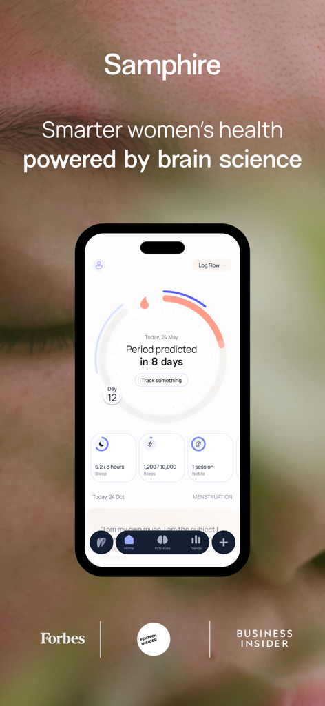 Samphire - Samphire app interface showing period prediction and integrated health metrics