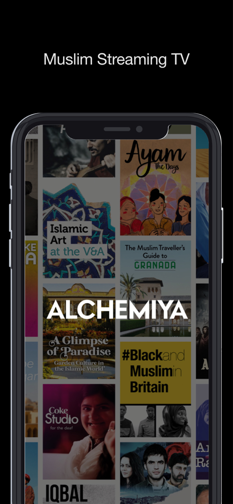 Alchemiya mobile app showing a collection of Muslim cultural movies and documentaries on a smartphone screen
