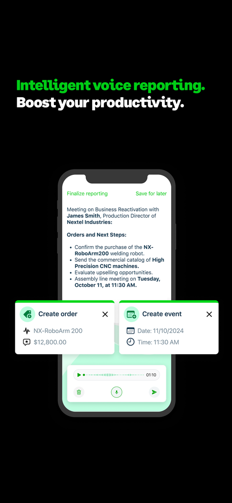 Intelligent voice reporting feature in Sage Sales Management app for mobile productivity.