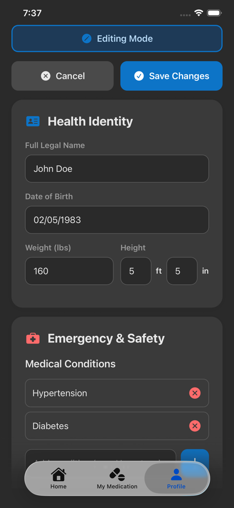 Daily Minder - Pantalla de edición del perfil de seguridad de emergencia e identidad de salud de la aplicación Daily Minder