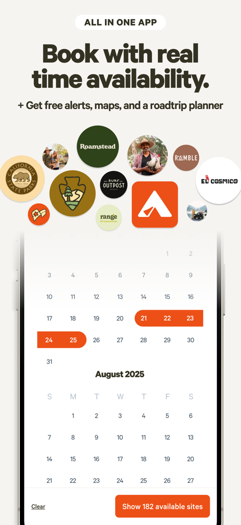 Hipcamp app interface showing a booking calendar with selected dates and various camping partner logos