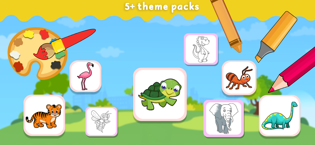 Animal Coloring Games for Kids - Interfaz mostrando múltiples paquetes temáticos de animales y herramientas para colorear en la aplicación Juegos de Colorear Animales para Niños