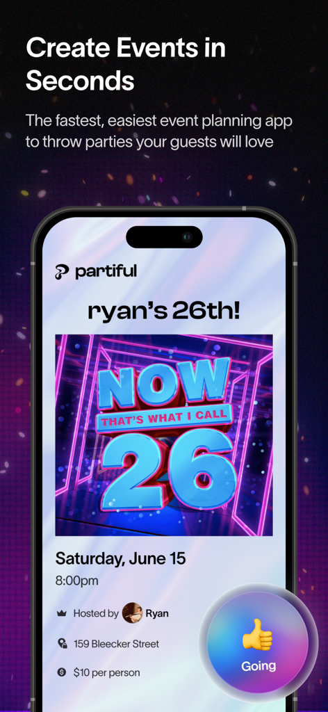 Partiful Invites - A mobile screen showing a Partiful invitation for a 26th birthday party with event details and an RSVP button