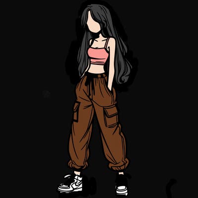 girl in baggy pants crop top and long hair