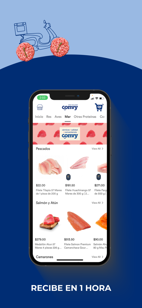 CONVY – Tu super de proteínas - CONVYアプリのiPhone画面。1時間配達の約束とともに、サーモンやティラピアなどの魚介類製品が紹介されています。