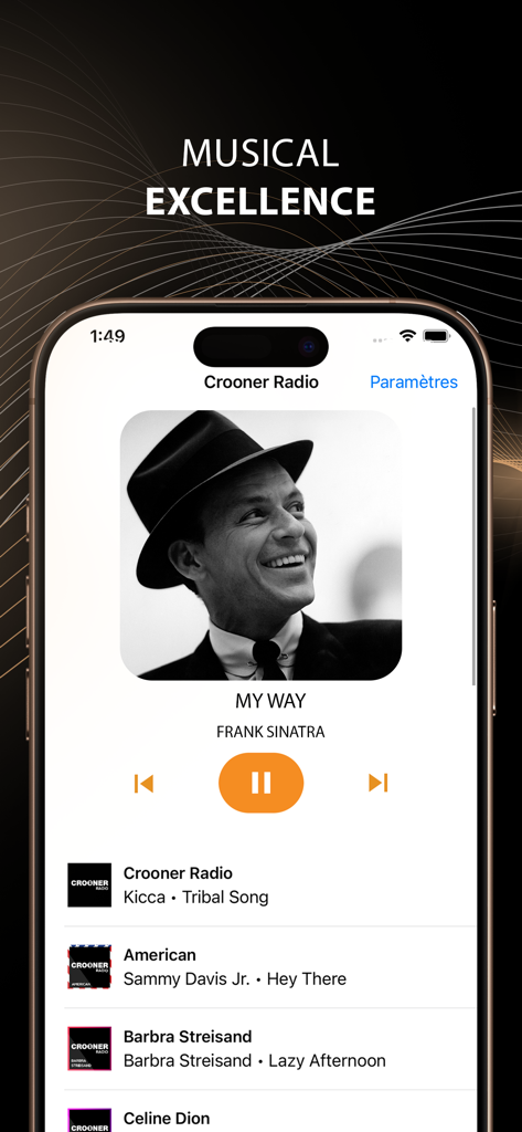 Tela do iPhone mostrando o aplicativo Crooner Radio reproduzindo My Way de Frank Sinatra com opções de áudio de alta definição