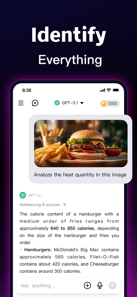 Chatbot AI Assistant - Modlib - Modlib AI identifying calorie content in a photo of a burger and fries