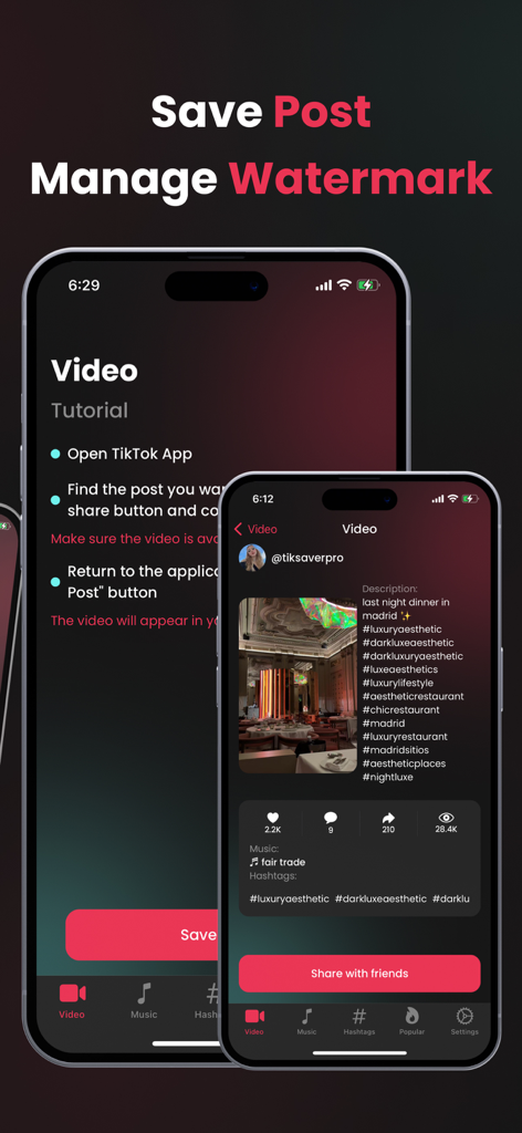 Tik Saver Pro Video Downloader - Interfaccia dell'app Tik Saver Pro su iPhone che mostra tutorial video e funzionalità di gestione watermark
