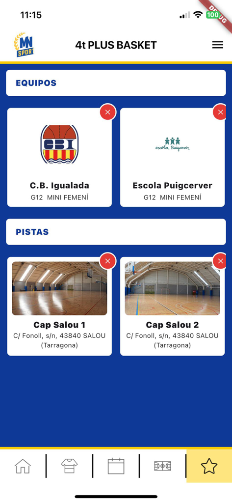 MNSport - MNSport app interface displaying teams and tournament court locations with addresses